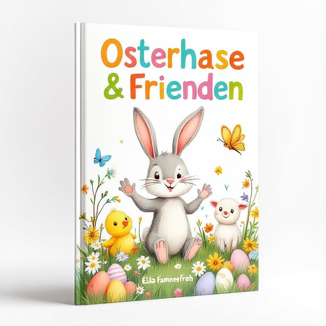A whimsical illustration of an Easter Bunny, smiling and waving, surrounded by a group of diverse, friendly animal friends such as a chick, a lamb, and a butterfly. The background is a colorful spring meadow with daisies and pastel Easter eggs scattered around. Everything is brightly colored to appeal to children, using a palette of soft pastels and cheerful tones.