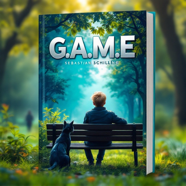 A vibrant park scene dominates the cover, featuring a blond-haired boy thoughtfully sitting on a park bench. Beside him is a sleek, futuristic-looking black robotic cat. The backdrop is filled with lush trees, touched with hints of cyan, creating a serene yet high-tech ambience. The cover exudes an unusual sense of warmth and optimism within a dystopian setting, emphasized by the cyan color that permeates the scene.