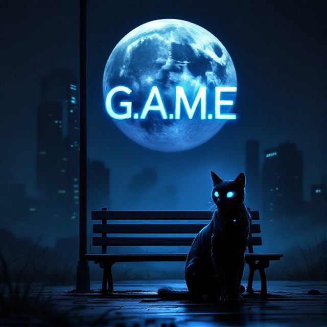 A dark, eerie scene set in a dystopian city at night. The full moon dominates the upper part of the cover, casting an ethereal glow on a lone bench below. Beside the bench, a sleek, black robot cat with glowing cyan eyes sits, its metallic texture gleaming in the moonlight. The background includes shadowy skyscrapers and a hint of fog, enhancing the mysterious atmosphere.