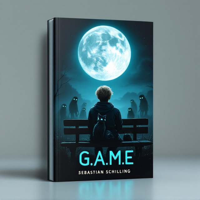 The cover features a dramatic night scene under a full moon that bathes the setting in a mysterious cyan glow. At the center, a blond-haired boy sits on an old, wooden bench. To his side is a sleek, shiny robot cat with glowing eyes reflecting the moonlight. In the shadows, ominous silhouettes of bad robot sloths loom, creating an intimidating and tense atmosphere. The background illustrates a desolate, dystopian landscape shrouded in darkness, enhancing the feeling of fear and urgency.