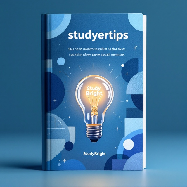 A kings blue cover featuring a large, central lightbulb with the subtle glow of illumination. The bulb acts as a canvas, containing the name "StudyBright" intricately incorporated within its filament. Surrounding the bulb, abstract geometric shapes in varying shades of blue create a sense of energy and motion, symbolizing the dynamic process of learning and enlightenment.