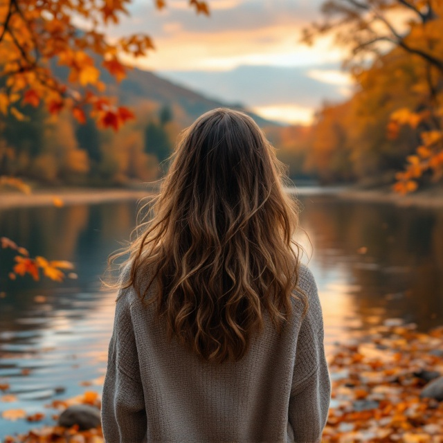 The central image shows the back of a teenage girl with flowing, wavy hair, wearing a cozy sweater, standing by a serene lake surrounded by vibrant autumn foliage. The leaves are a medley of oranges, reds, and yellows, gently cascading around her. The sky is a gradient of twilight hues, adding a sense of mystique and wonder. Ripples on the lake's surface mirror the colorful trees, creating a dreamy and enchanting atmosphere.