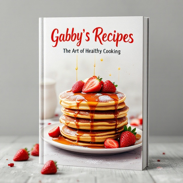 The cover features a vibrant, mouth-watering illustration of a plate of pancakes prominently displayed in the center. The pancakes are topped with rich syrup, glistening strawberries, and a hint of powdered sugar, creating a captivating and appetizing scene. The background is a soft gray gradient, which provides a neutral canvas that enhances the bright, colorful details of the pancakes. This central image is meant to evoke the delicious and nourishing nature of the recipes within.