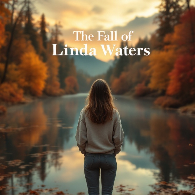 A picturesque autumn scene with vibrant foliage in shades of orange, red, and gold surrounds a serene lake. The atmosphere is calm yet haunting, with the reflection of the trees and the girl on the water's surface. The teenage girl, Linda Waters, is depicted from the back, wearing comfortable slacks and a cozy sweater, adding a sense of mystery to her identity. Her posture suggests deep thought and introspection, as she stands alone, emphasizing themes of loneliness and isolation. The sky is a mixture of warm hues, creating a sense of both happiness and melancholy.