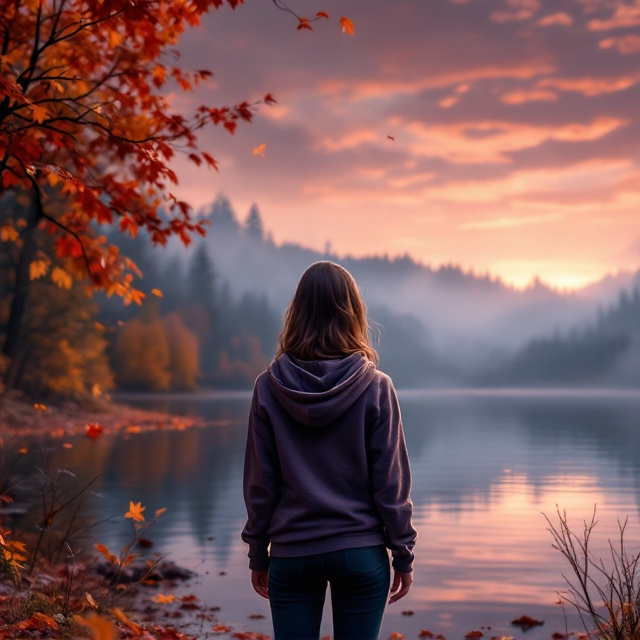 The cover features the back of a teenage brunette girl wearing slacks and a hoodie, standing on the shore of a tranquil, reflective lake. Surrounding her, vibrant autumn colors of falling leaves in red, orange, and gold dominate the scenery. The sky is a mix of dusky purple streaks and soft pinks to suggest an impending evening. There’s a subtle mist rising from the far side of the lake, hinting at mystery and fear.