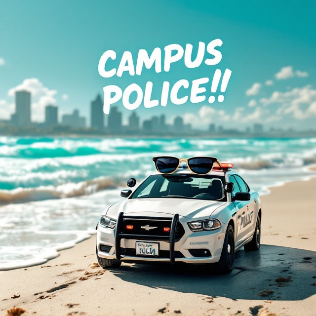 standing book mockup, Its title is "Campus Police!!". Its author name is Joseph Southard.  A sunny beach setting with rolling waves and fine sand, where in the foreground stands a playful depiction of a police car with "Seacoast University" printed on it. The police car is fittingly parked, angled toward the viewer, with oversized and exaggerated sunglasses perched on its hood. In the background, a stylized silhouette of a university building edges into view, blending softly into the bright, clear sky. Teal hue dominates the scene, harmonized with pops of black and white. A bold, chunky sans-serif font in white for the title "Campus Police!!" is placed prominently at the top, radiating a sense of fun and excitement. Joseph Southard's name appears at the bottom in a relaxed, handwritten script font in teal, adding a personal touch., The book cover arranges the elements with the police car centered at the bottom, the university silhouette on the upper left, and typography balancing both the top and bottom, with the primary focus on clarity and humor.