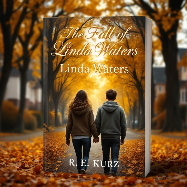 A warm-toned scene of a picturesque suburban street with golden autumn leaves scattered across the ground. Two figures are seen from behind a teenage girl and a boy clad in casual hoodies and jeans, walking closely together. They're framed by trees whose branches arch lovingly over the street. The sky has a slightly overcast appearance, enhancing a cozy yet mysterious atmosphere.