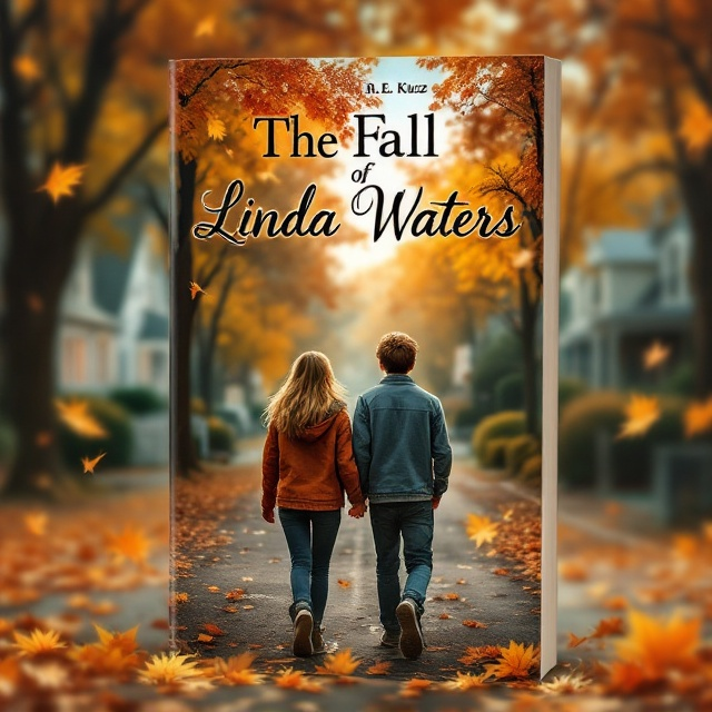 The cover features the backs of a teenage girl and boy walking down a picturesque suburban street. Their silhouettes are framed against a backdrop of vibrant autumn foliage with shades of red, orange, and yellow. The street is lined with classic New England-style homes in the small Maine village. Floating golden leaves are scattered across the foreground, enhancing the autumnal ambiance.
