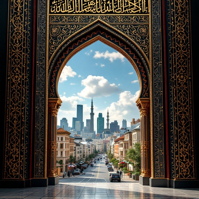 An intricately detailed Islamic portal occupies the foreground, intricately carved and conveying a sense of historical depth. Through this portal, the background reveals a contrasting, vibrant cityscape of a Western city, featuring iconic architecture like modern skyscrapers and a classic European street scene under a clear sky. The portal frames the view, creating a sense of looking into another world, and the overall color palette is dominated by black, white, and red, with the portal being ornate gold.