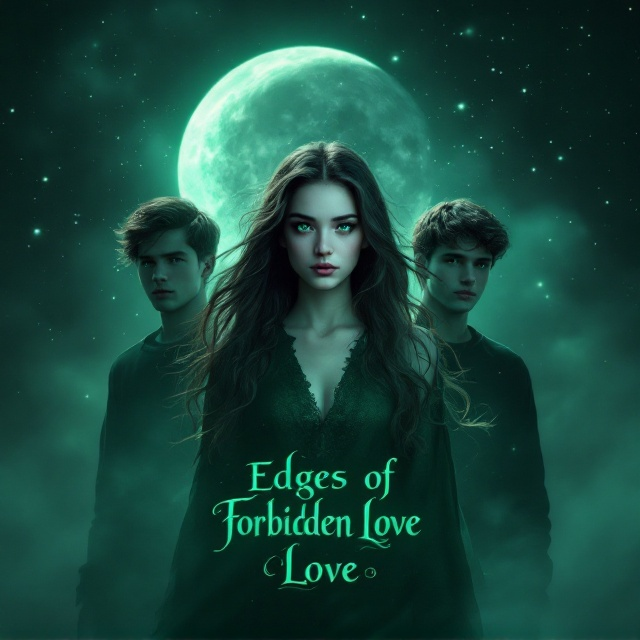 A mystical night sky with a crescent moon dominating the background. A teenage girl with pale skin, dark flowing hair, and mesmerizing green emerald eyes stands in the center, holding the viewer's gaze. On either side of her are two teenage boys, subtly outlined against the dark, enchanting background. Whispers of mist swirl around their feet, adding an air of mystery and magic.