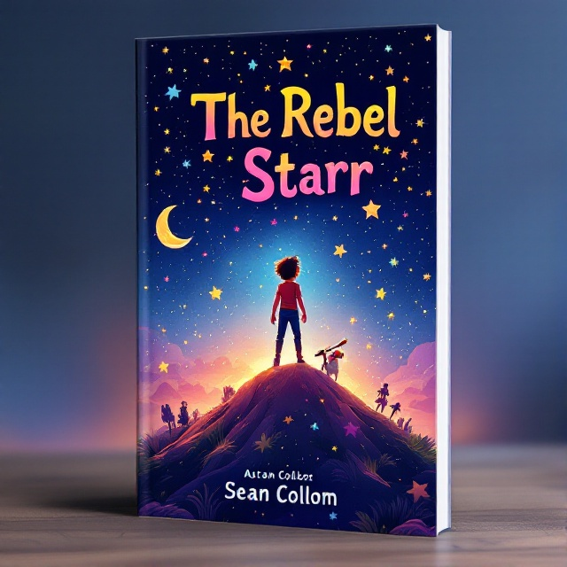 A vibrant, colorful illustration of a young, adventurous protagonist standing atop a star-shaped hill, with a vast, twinkling night sky filled with stars and a whimsical moon in the background. The foreground features animated elements like a telescope and a small, friendly creature by the protagonist's side.