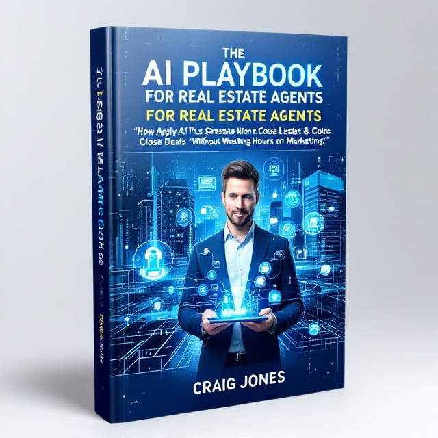 The cover features a digital city skyline merging seamlessly with neural network-like graphics. A central image of a confident real estate agent holding a tablet displaying glowing icons representing AI and automation. The background has subtle binary code patterns flowing across to suggest a digital interface. The color scheme is primarily blue with accents of white and silver to highlight the futuristic theme.