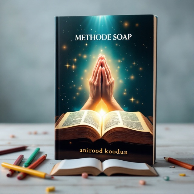 A pair of praying hands emerge from the center of an open Bible, surrounded by soft halos of light. Around the Bible are scattered a few colored pencils and an open notebook, symbolizing study and reflection. The background features a subtle gradient from deep blue to a dawn-like gold, suggesting spiritual awakening.