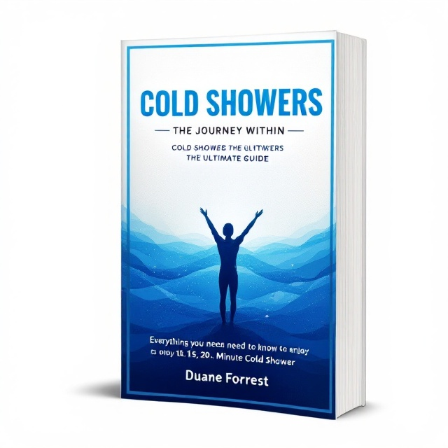 The cover features a large, subtle gradient wave, moving from sapphire blue at the top to white at the bottom, representing the transformative power of cold showers. In the center, there's an abstract silhouette of a person with arms stretched upwards, symbolizing personal growth and potential. A thin border in a darker shade of blue frames the entire cover, providing a clean look and focus.