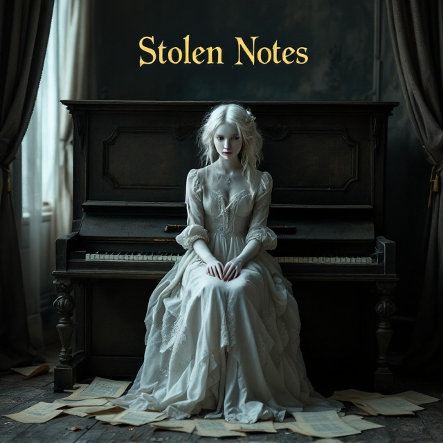 A young girl with almost ethereal features, sitting on an old, Victorian-style piano. Her pale skin and almost white hair create a ghostly contrast against the dark, worn wood of the piano. She wears a period-appropriate dress from the 1800s, with lace details and muted colors. The background is shadowy, with indistinct, draped curtains and hints of an opulent yet decaying room. A few scattered, yellowed music sheets lie on the piano and floor, as if hastily abandoned.