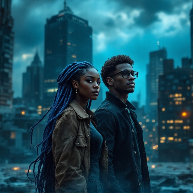 A dark, dystopian cityscape forms the backdrop, with skyscrapers that have been worn and battered over time, bathed in an eerie, bluish hue. In the foreground, a strong, dark-skinned black woman with striking blue braided hair stands defiantly. Beside her is a thin, pale-skinned white male with curly brown hair and black glasses. They are positioned slightly turned towards each other, exhibiting solidarity amidst the chaos, adding a touch of hope. Dark clouds loom overhead, casting an ominous shadow, and occasional flickers of light from the city briefly illuminate their faces, emphasizing their expressions of determination and grit.