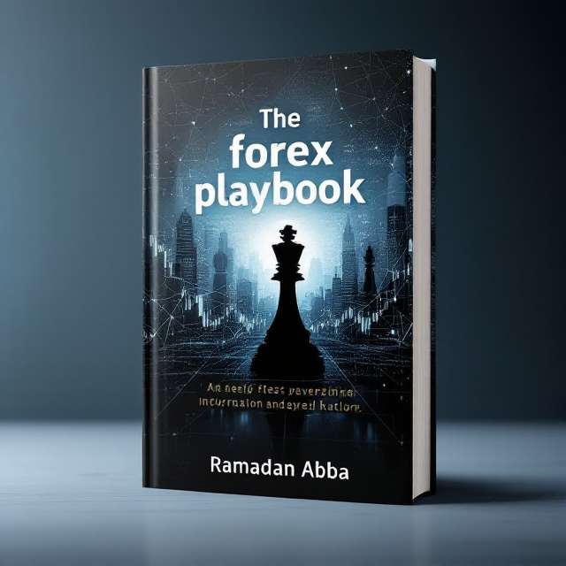 The cover features a dynamic network of forex charts crisscrossing the background in various shades of blue, gray, and black. A subtle silhouette of a chess piece—a knight—is positioned prominently in the center to symbolize strategy. The author's name and title are integrated into this imagery, suggesting a seamless blend of strategy and forex trading.