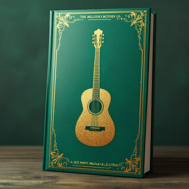 An emerald green background serves as the canvas, adorned with a vintage gold border that delicately frames the cover. In the center, a gold guitar stencil elegantly fades into the background, symbolizing the melodic connection between the characters. This is complemented by subtle textures reminiscent of aged paper, adding a vintage touch.