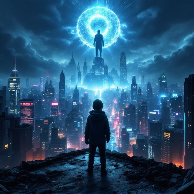 The cover features a young boy standing on a ruined rooftop, blending into the shadows with a hooded cloak. His sharp eyes peer out with a determined gaze. Below, a futuristic dystopian city is alive with neon vibrancy and towering skyscrapers. High above, storm clouds and a cosmic rift cast an eerie glow across the scene while powerful figures with glowing auras are seen in the background. The scene is illuminated with moody, cinematic lighting enhancing the cyberpunk aesthetic.