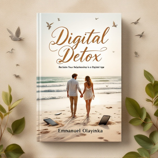 A beautiful, tranquil beach setting serves as the backdrop. In the distance, a couple is holding hands and walking away from their smartphones, which are partially buried in the sand. Soft waves gently lap against the shore, and birds fly overhead. The earthy tone is introduced through subtle sandy hues. Delicate leaves scatter across the top and bottom of the cover, framing the scene.