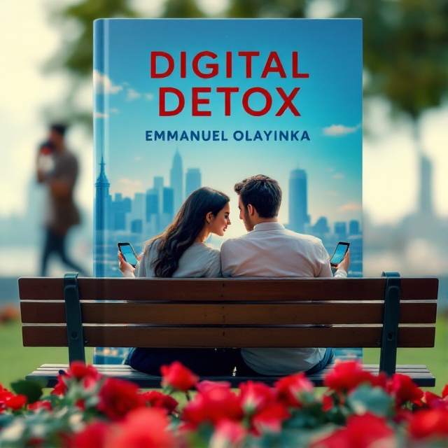 A couple sits back-to-back on a park bench, each holding a smartphone with the screens dimmed, signifying a turning away from digital distractions. In the foreground, red roses symbolize romance, while a blue sky overhead represents the digital world that encompasses them. In the background, blurred cityscape elements subtly depict technology’s presence.