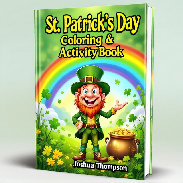 A cheerful leprechaun stands joyfully next to a shimmering pot of gold amidst a lush, emerald green field filled with four-leaf clovers. In the sky behind the leprechaun, a vibrant rainbow arcs across the cover, adding a splash of color and whimsy.