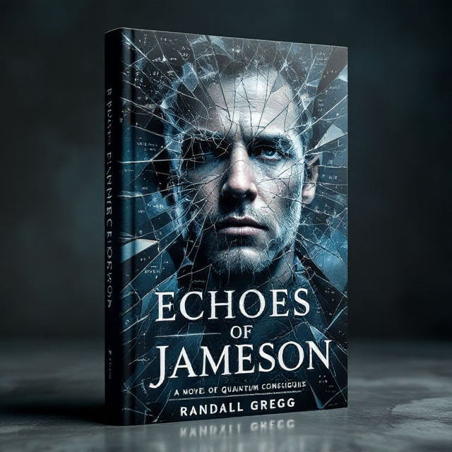 A shattered mirror takes center stage on the cover, creating a kaleidoscope of fragmented reflections of a man's face, each subtly altered. The background is richly textured with deep blues and grays, interspersed with silver and mercury tones, punctuated by hints of black and white. Amidst the shards, ghostly text fragments and numerical sequences float, hinting at a distorted reality. The title, “Echoes of Jameson,” is presented in a breaking typography pattern, and the subtitle "A Novel of Quantum Consciousness" is subtly integrated beneath it. The author’s name, “Randall Gregg,” is cleverly intertwined within the mirror shards. The shadowy outline of “Pine Ridge” and an abstract “Quantum/neural network Overlay” add layers of depth.