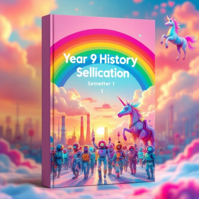 The cover features a surreal, whimsical landscape of colorful rainbow factories against a sunset sky. In the foreground, a parade of joyful, steampunk-inspired robots march beneath the cheerful arches of a rainbow. In the top right corner, a prancing unicorn with a metallic sheen adds a fantastical touch. The background depicts a cityscape with stylized factory chimneys puffing clouds in soft, pastel colors, blending industrial with dream-like elements.