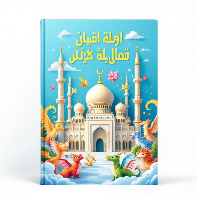 A mosque and a group of lively, mythical creatures, such as dragons and griffins, depicted in a sky-blue, vibrant, and three-dimensional style. The creatures surround the mosque in an inviting and fantastical way, integrating cultural symbols and fantasy elements.