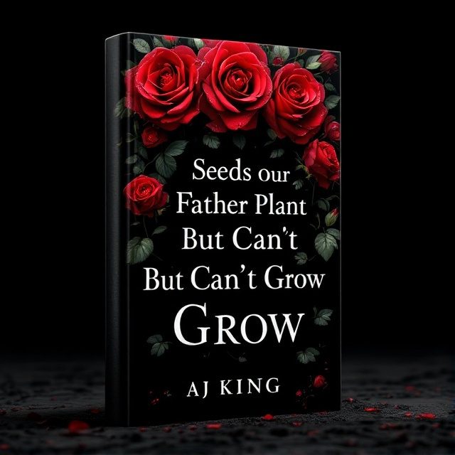 Lush red roses emerging from the soil, intertwining with the book title in an otherworldly fashion. The words "Seeds Our Father Plant But Can't Grow" form the centerpiece, with roses blossoming at varying heights, creating a stacked, layered effect against a stark black background. Shadows cast by the roses add depth, while glistening dew drops on the petals introduce a touch of light.