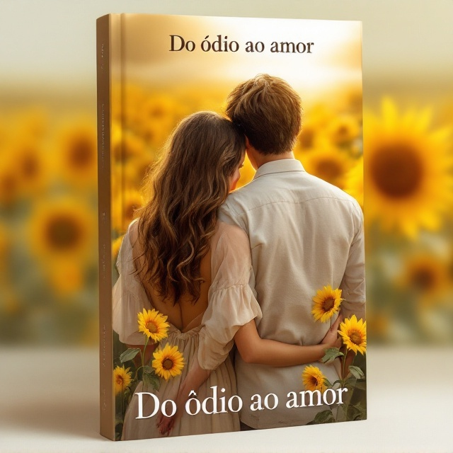 The cover features a serene, sunlit field of sunflowers in the background, giving a sense of peace and warmth. In the foreground, a couple is depicted from the back. The girl with wavy brown hair wears a flowing, soft-colored dress, resting her head gently on the boy's shoulder. He stands slightly taller, with darker brown hair, and his arm wraps around her waist. A few sunflowers are subtly placed around them, enhancing the joyful atmosphere.