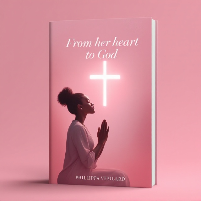 The cover features a serene black woman kneeling with clasped hands, eyes closed in prayer, exuding a sense of tranquility. A luminous cross hovers in the soft pink background, casting a gentle glow around the woman. The overall visual style is minimalist, emphasizing her devotion and the spiritual significance of the cross.