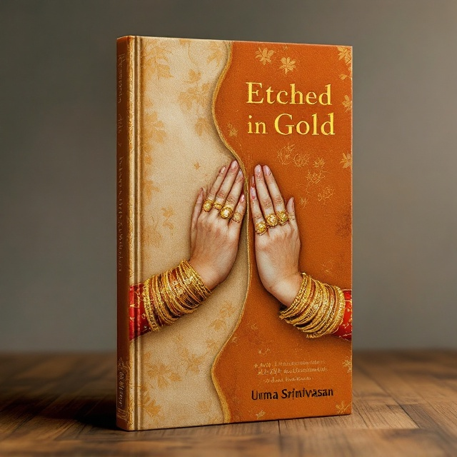 The book cover features a split-screen design, capturing two different eras. On the left side, a finely painted hand of an Indian woman from 1600 Tanjore, adorned with intricate gold bangles, is depicted in the midst of a traditional painting style that is richly detailed yet somewhat subdued. On the right side, the modern hand from 2020 Chennai, also wearing gold bangles, is illustrated in a more contemporary art style with bold, clean lines. Both hands are holding a tanpura that spans across the divide, symbolizing the continuity of art and tradition. In the background, a subtle texture of a palm leaf manuscript is spread across both segments, unifying the two eras. The terra cotta color palette enhances the historic feel while maintaining a rich, warm tone.