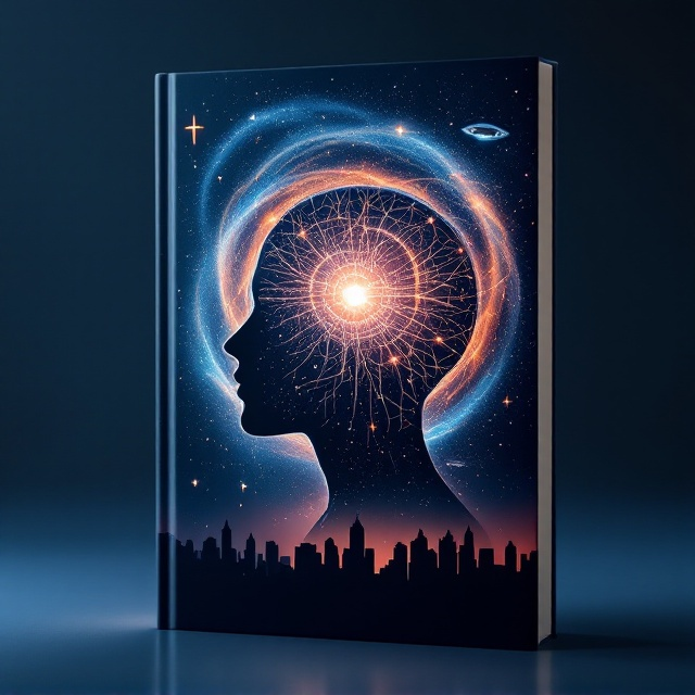 A dynamic and atmospheric cover featuring the silhouette of a human figure centered in the composition with an intricate network of lights and lines representing an active mind. This outline is superimposed on a swirling, vivid circular galaxy backdrop. On the left side, a subtle, transparent cross rises from the background, while on the right, various small UFOs (orb, saucer, triangle) float in the night sky. Below this cosmic arrangement, a minimalist city skyline stretches along the bottom, grounding the composition and symbolizing society.