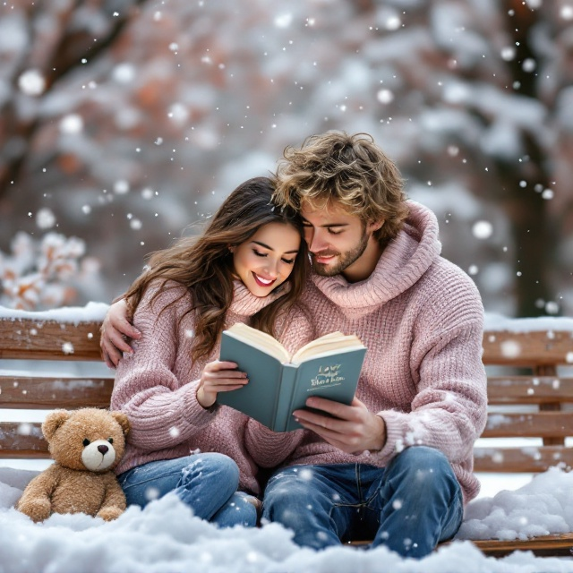 A whimsical winter scene with light snowfall as a backdrop. In the foreground, a cute brunette girl, cozy in a baby pink sweater, is sitting on a wooden bench with her nose buried in a romance book. Leaning over her shoulder with an affectionate gaze is a golden retriever-like guy, reminiscent of JJ Maybank, with tousled sandy hair. At the girl's feet, a small teddy bear peeks out from a pile of snow, adding a touch of cuteness and charm.