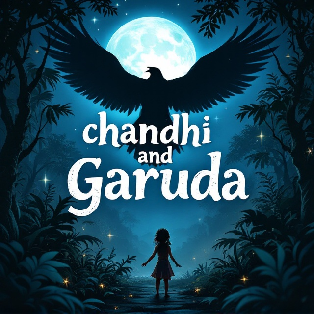 A mystical jungle setting at night with a large, imposing shadow of the legendary bird Garuda gliding in the moonlit sky. The ground below is a lush mix of dark greens and blues. In the foreground, a curious and brave child, Chandhni, is peeking from behind a tree, her eyes wide with wonder and a hint of thrill. Stars twinkle in the clear sky, adding a touch of magic to the scene.