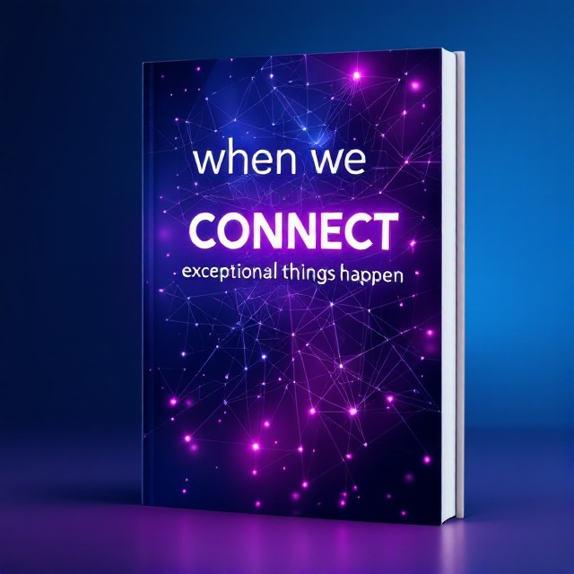 An abstract geometric design with interconnected nodes and lines reminiscent of a neural network, symbolizing both connection and innovation. The background fades from deep purple to electric blue, giving a sense of depth and modernity. Subtle glows around nodes suggest energy and ideas flowing through the connections.