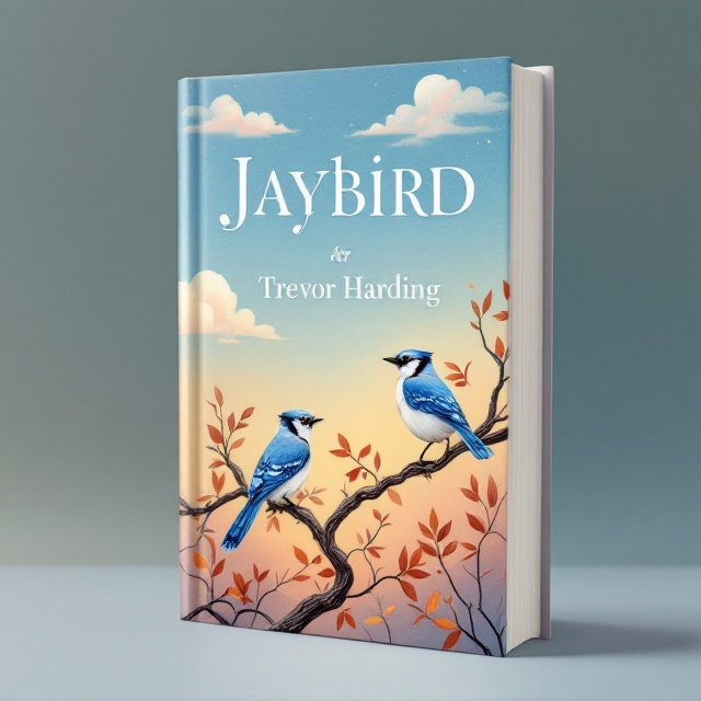 A tranquil, pastel-colored sky transitions from deep indigo at the top to a gentle sunrise orange at the bottom, suggesting the dawn of a new day. Positioned in the lower right quadrant of the cover is a stunning, meticulously detailed blue jay perched on a twisted branch. The background vermilion leaves gently frame the blue jay, nodding toward a hopeful atmosphere. Hints of white and gold filigree clouds float softly across the top side of the composition, adding layers of depth and serenity.