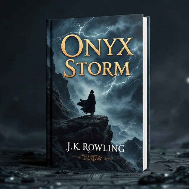 A turbulent dark storm with swirling onyx-colored clouds dominates the upper portion of the cover. Silhouetted against the storm, a lone figure stands on a rocky cliff, defiant against the gale, with a cloak billowing in the wind. The storm gradually fades into a dark, shimmering landscape below, filled with ancient, mystical runes that glimmer faintly. Lightning crackling amidst the clouds illuminates the figure’s determined stance.