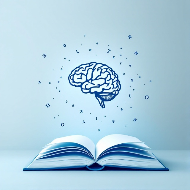 A minimalistic design featuring a stylized open book at the center that transforms into a human brain. The background is a soft gradient transitioning from light blue to white, symbolizing clarity and understanding. Around the brain, subtle abstract symbols of writing like letters and pens are faintly visible, adding depth and intrigue.