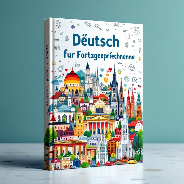 A vibrant and dynamic collage of famous German landmarks, such as the Brandenburg Gate, Neuschwanstein Castle, and the Cologne Cathedral. These landmarks are integrated into an illustrated path that curves across the cover, symbolizing a learning journey. In the background, playful doodles of German vocabulary and phrases are scattered, creating an engaging and lively atmosphere.