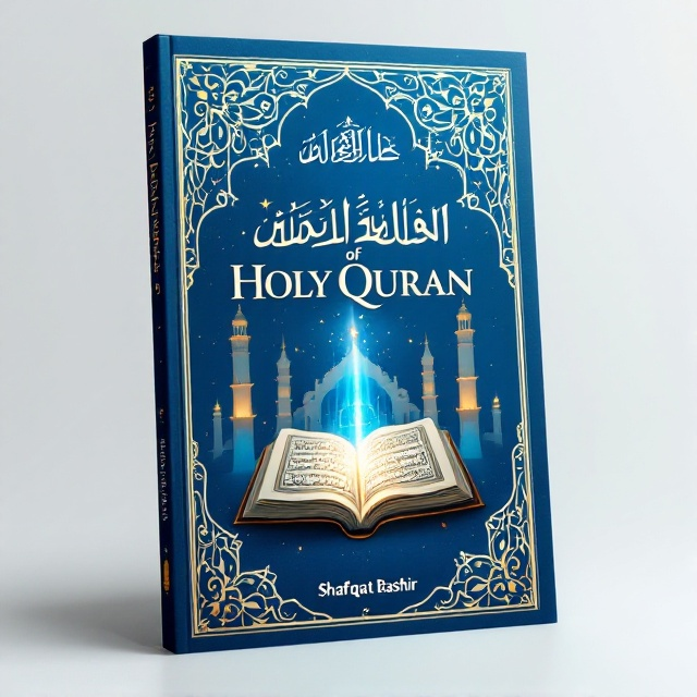 A serene, harmonious blend of blue and gold colors representing peace and spirituality. The cover features a subtle silhouette of a mosque in the background, with ornate patterns at the top and bottom, inspired by Islamic art. In the center, an open Quran is delicately illustrated with beams of light emanating from it, symbolizing divine wisdom and guidance.