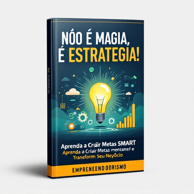 standing book mockup, Its title is "Não é Magia, é Estratégia! Aprenda a Criar Metas SMART e Transforme Seu Negócio".  The cover features a dynamic and modern design with a central image of a light bulb symbolizing ideas and strategies. Surrounding the bulb are subtle gears and charts, suggesting planning and strategy. The color palette is vibrant with shades of blue, green, and orange to convey energy and growth. Bold sans-serif fonts with a touch of modernity, ensuring readability. The title "Não é Magia, é Estratégia!" is in a larger font size, drawing attention, while "Aprenda a Criar Metas SMART e Transforme Seu Negócio" is slightly smaller but still prominent., The title is placed centrally across the top half of the cover, with the light bulb image directly below. Supporting elements like gears and charts are subtly integrated into the background. The book's genre, ‘Empreendedorismo’, is noted in the lower section to balance the composition. The area where the author's name typically appears should be left completely blank, with no text or placeholder.