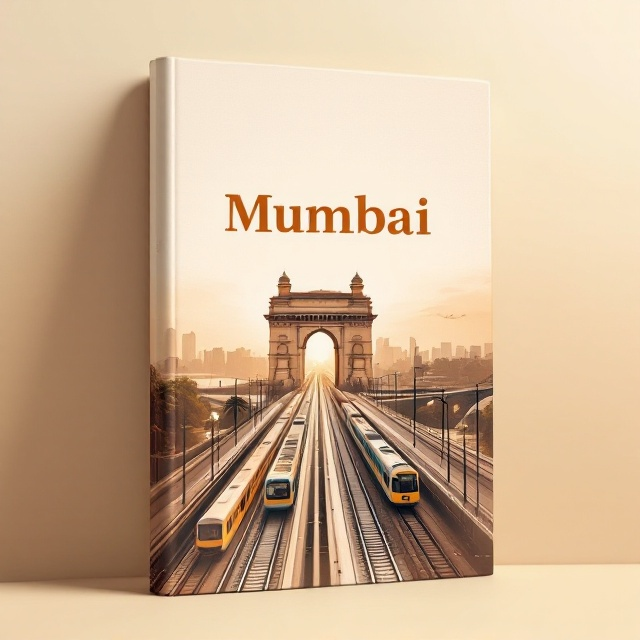 A panoramic view of Mumbai's iconic infrastructure in a soft, artistic rendering. Elements include the Gateway of India, a glimpse of the Bandra-Worli Sea Link, and local trains winding their way through the cover. The scene is set during golden hour with warm, diffuse lighting. Background features a gradient cream base, subtly textured to create a calming ambiance.