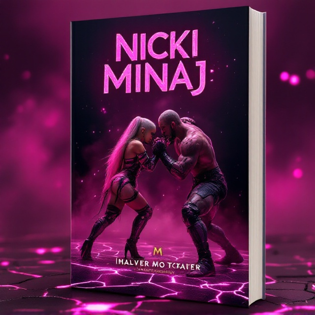 A striking image of Nicki Minaj, styled as a fantasy warrior in pink and black leather armor, is in the center. She is locked in an intense wrestling stance with a muscular male opponent in a dark, shadowy arena. The background fades into a smoky mix of magenta and black, with glittering, ethereal lights swirling around them to evoke a magical, otherworldly realm. The arena floor is cracked, glowing faintly with hot pink streaks, giving the scene an otherworldly elegance with dramatic energy.