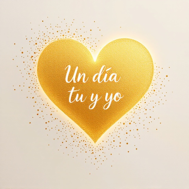 A minimalist composition featuring a large, radiant golden silhouette of a heart slightly off-center, glowing softly against a pristine white background. The heart is textured to appear like gold leaf, giving it a delicate yet luxurious feel. Surrounding the heart, faint swirling patterns in white emerge subtly for added depth and romance.