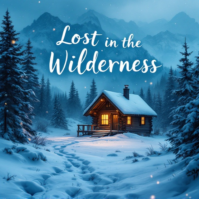 A solitary wooden cabin sits nestled in the center of a vast, snowy wilderness. The cabin is surrounded by towering, dark green evergreen trees that fade slightly into the misty, icy-blue background of distant mountains. The cabin’s windows glow with a soft, golden light, creating an inviting warmth that contrasts with the blue and white chill of the snow. Snowflakes gently fall, adding motion to the peaceful setting. In the foreground, footsteps in the snow lead toward the cabin.
