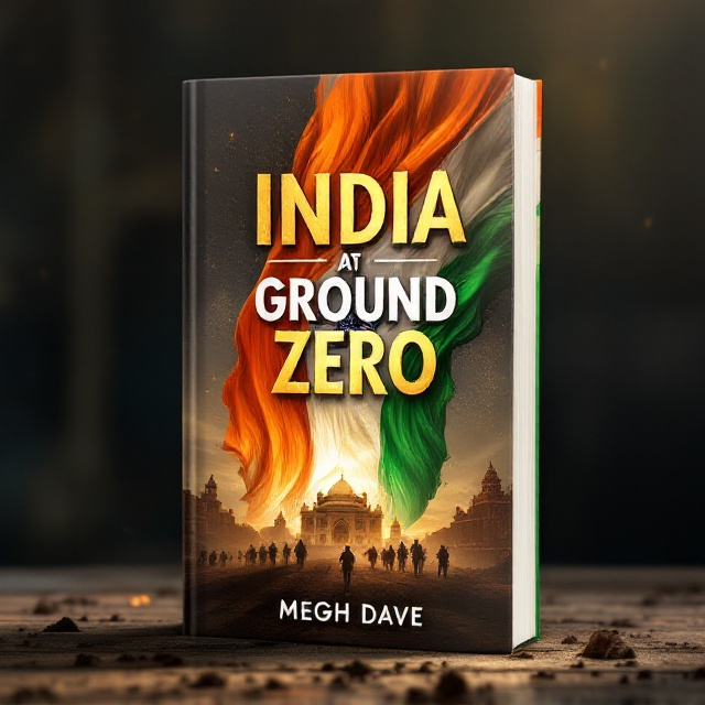 A majestic and vibrant depiction of the Indian flag flowing vertically as the central theme with a silhouette of Ayodhya’s Ram Mandir on one side and an Indian Army convoy marching on the other. The background is a blend of earthy tones symbolizing India's soil, with faint geographical contours of India embossed subtly. The title “INDIA AT GROUND ZERO” is overlaid with bold text at the top, and the author's name “MEGH DAVE” at the bottom in smaller capitals.