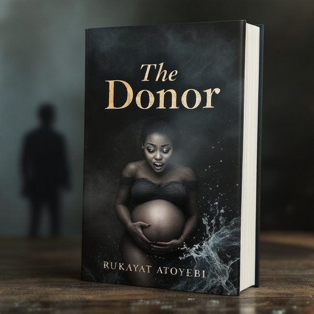 The cover showcases a dramatic, dusky background with swirls of mist and a muted splash of water cascading diagonally across the bottom right corner. In the foreground, a woman is portrayed with wide, expressive eyes, her face a mix of joy and pain. She is holding her underbelly as though she's about to deliver, her knees slightly bent, and her body slightly angled toward the viewer. To the distant left side, the shadowy figure of a man’s back is subtly outlined, just touching the edge of the frame, creating a sense of distance and intrigue.