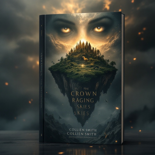 A dark, moody backdrop features an island in the center of the cover, shaped to resemble a human eye. The edges of the island are jagged cliffs, while the interior is lush and jungle-like. Miniature dinosaurs can be seen scattered across the island—just small enough to intrigue the viewer but not overwhelming the overall design. In the upper portion of the cover, large, disembodied grey eyes are subtly blended into the stormy sky, their gaze cast directly down onto the island. In the foreground, faint streaks of gold shimmer, symbolizing the golden eyes and the idea of forgotten legacies. The scene feels both brooding and reflective, with the sky filled with a fiery hue of orange and grey clouds.